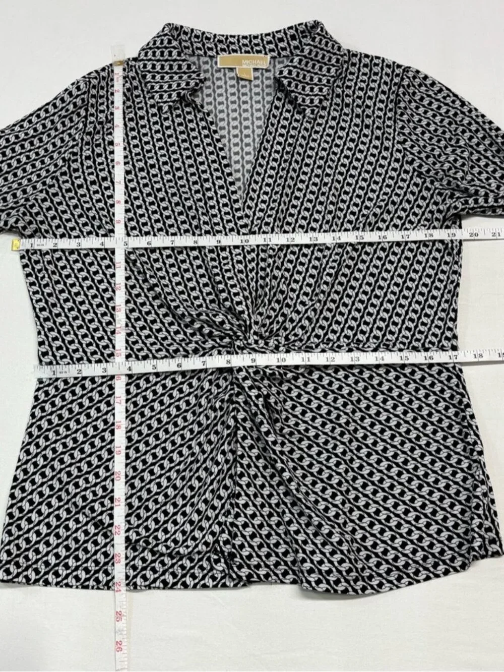 Michael Kors Black & White Chain Link Print Twist Front Long Sleeve Blouse L 566